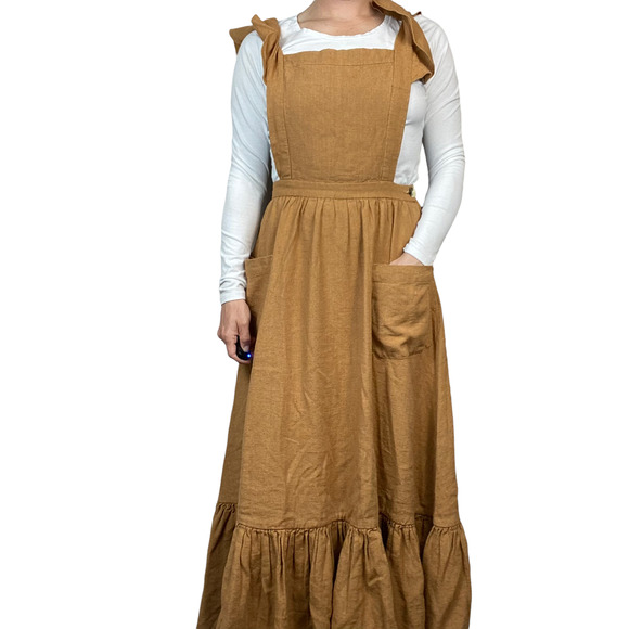 Doen Dresses & Skirts - Doen Camel Peninsula Pinafore Apron Maxi Dress Silk Linen Ruffled Hem Sz Small